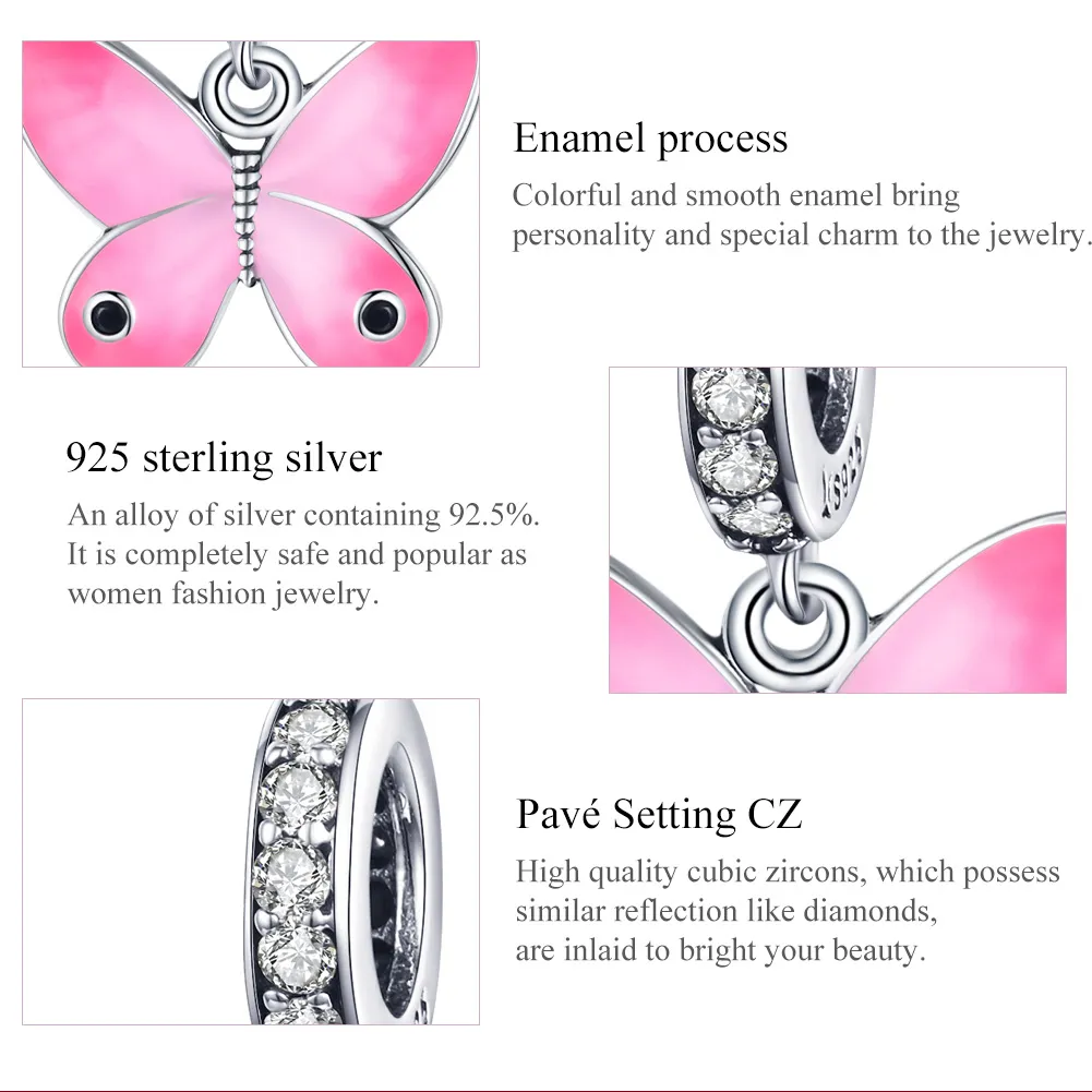 Pandora Style Silver Pink Butterfly Dangle - SCC1728