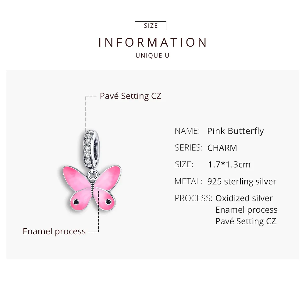 Pandora Style Silver Pink Butterfly Dangle - SCC1728