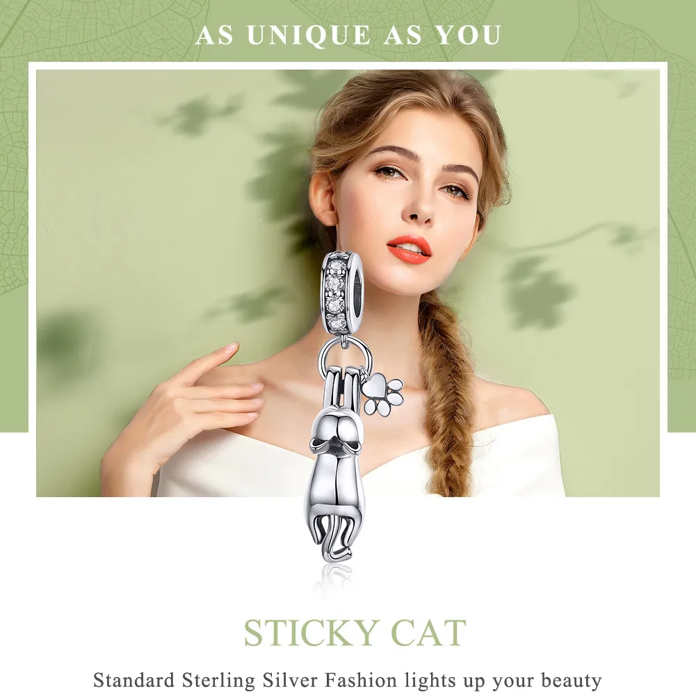 Pandora Style Silver Sticky Cat Dangle - SCC930