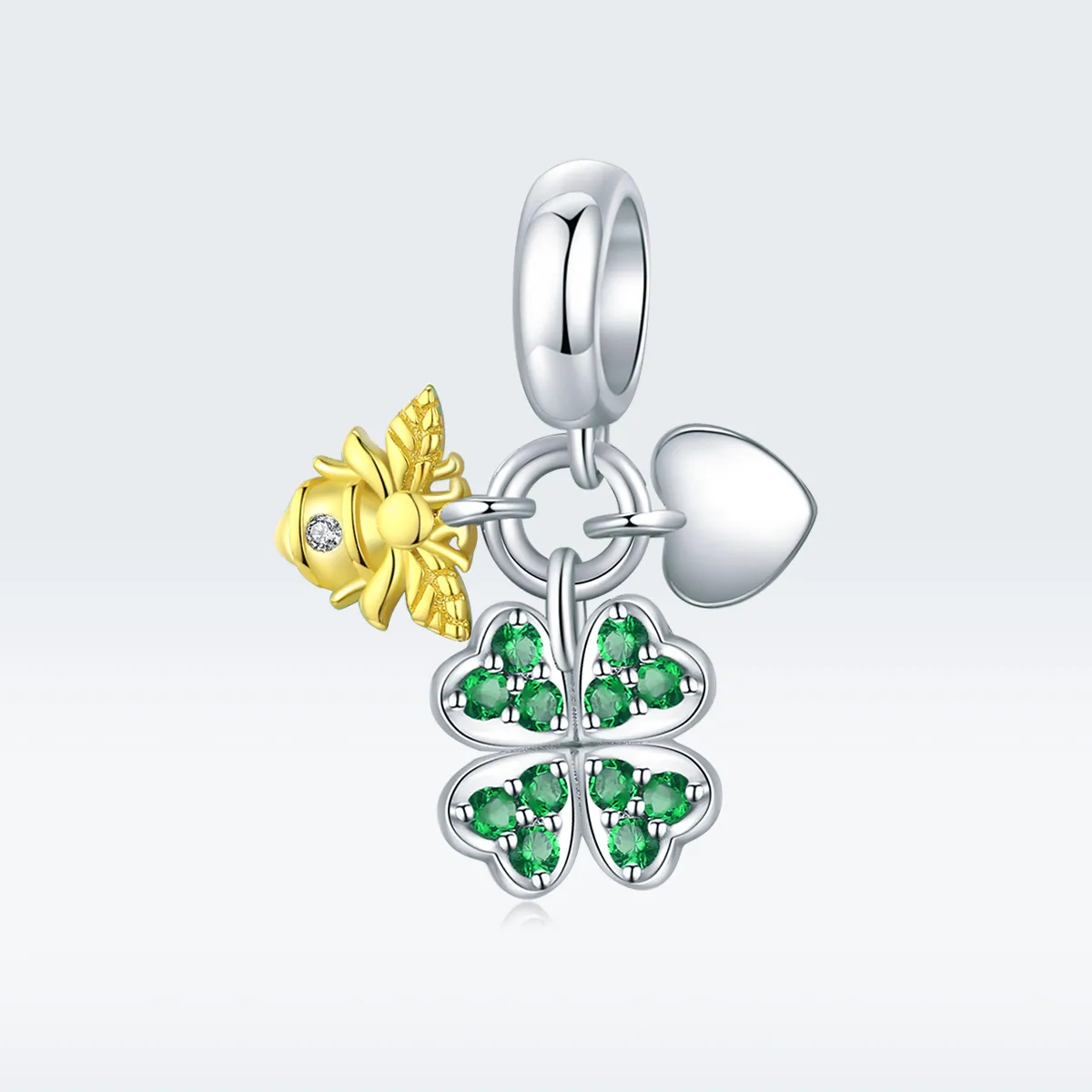 Pandora Style Two Tone Bicolor Clover With Bee Dangle - BSC303