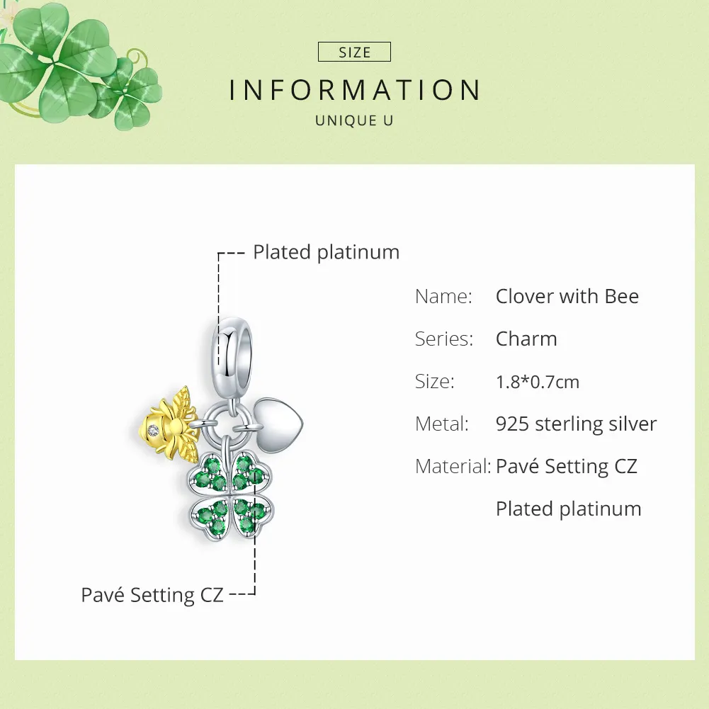 Pandora Style Two Tone Bicolor Clover With Bee Dangle - BSC303