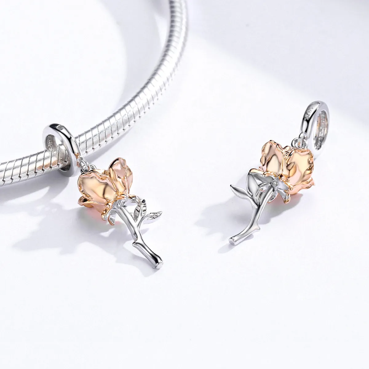 Pandora Style Two Tone Bicolor Lover Rose Two Color Flowers Dangle - BSC145