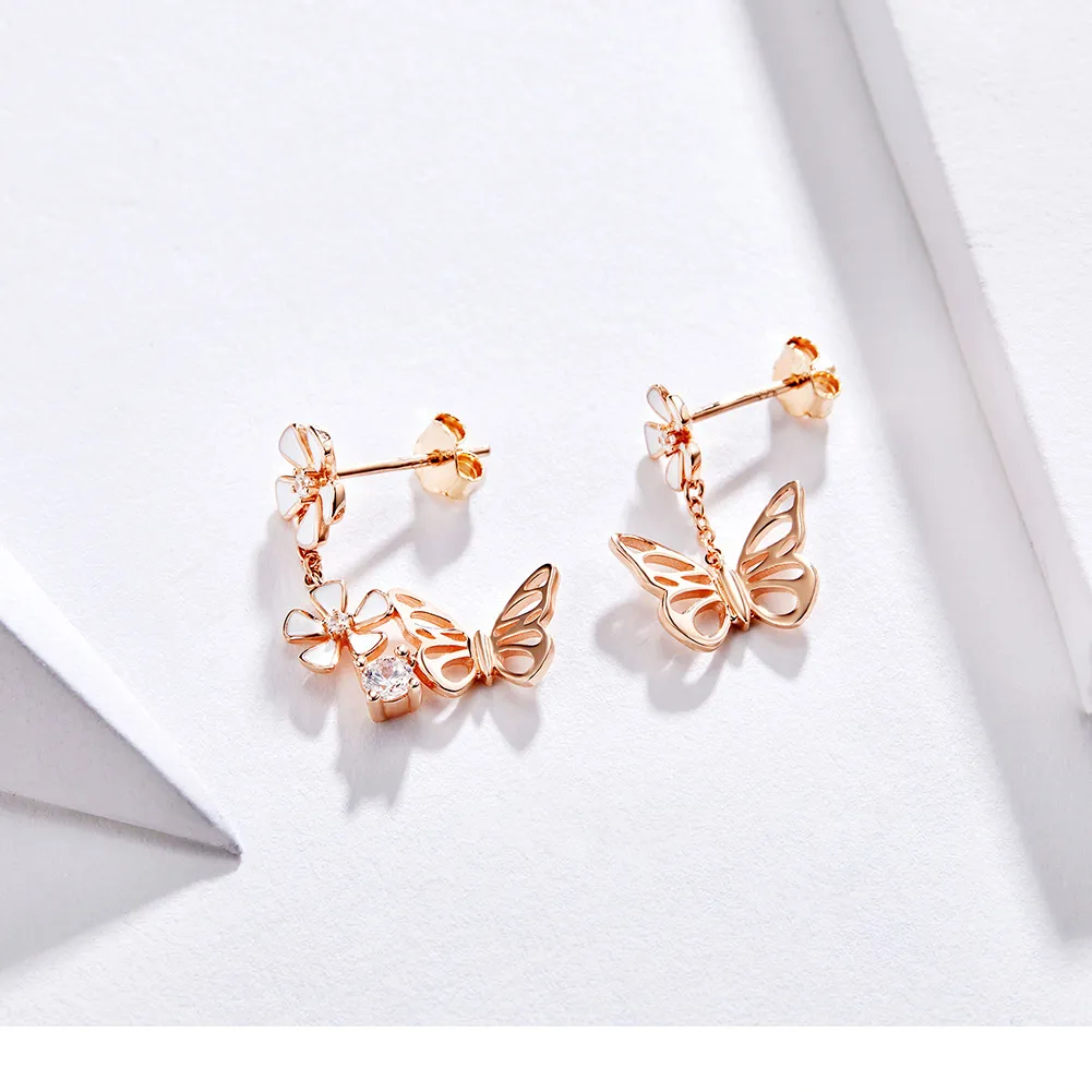 Pandora Style Rose Gold Dancing Butterfly Dangle Earrings - BSE100