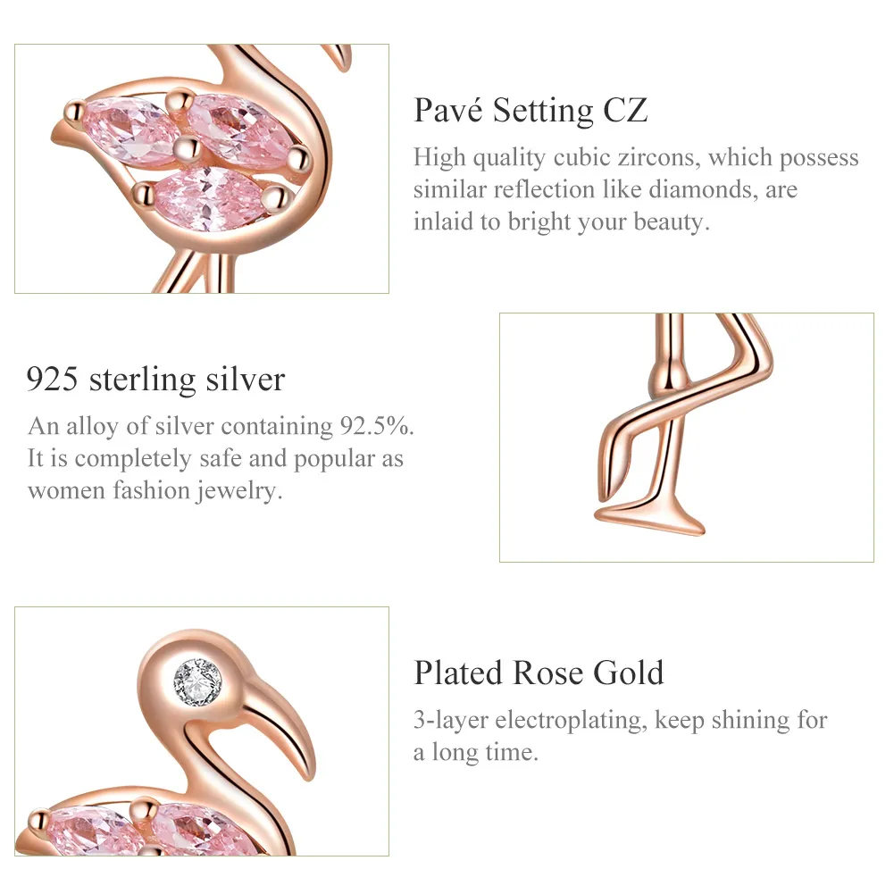 Pandora Style Rose Gold Flamingos Stud Earrings - BSE120