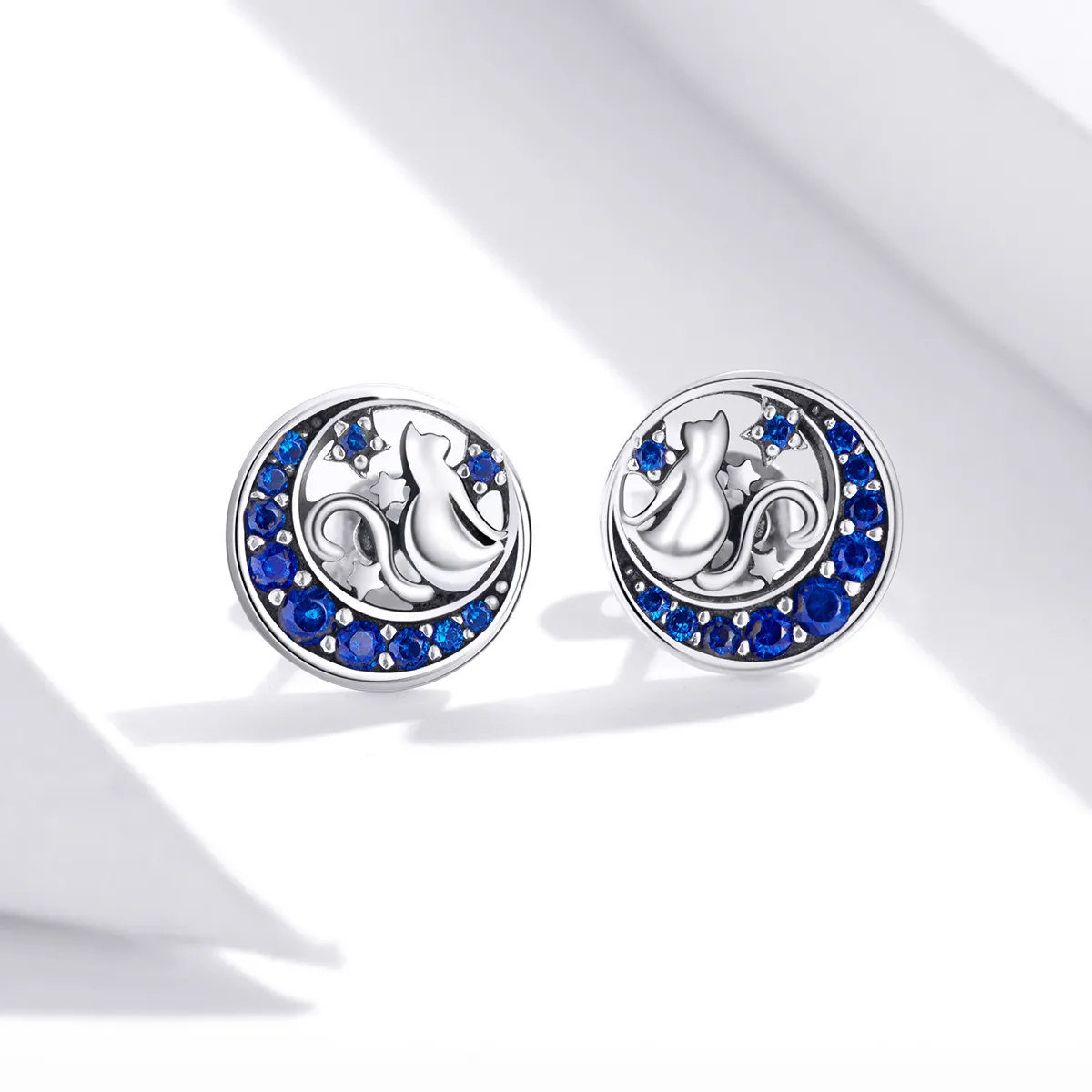 Pandora Style Silver Blue Moon & Kitty Stud Earrings - SCE880