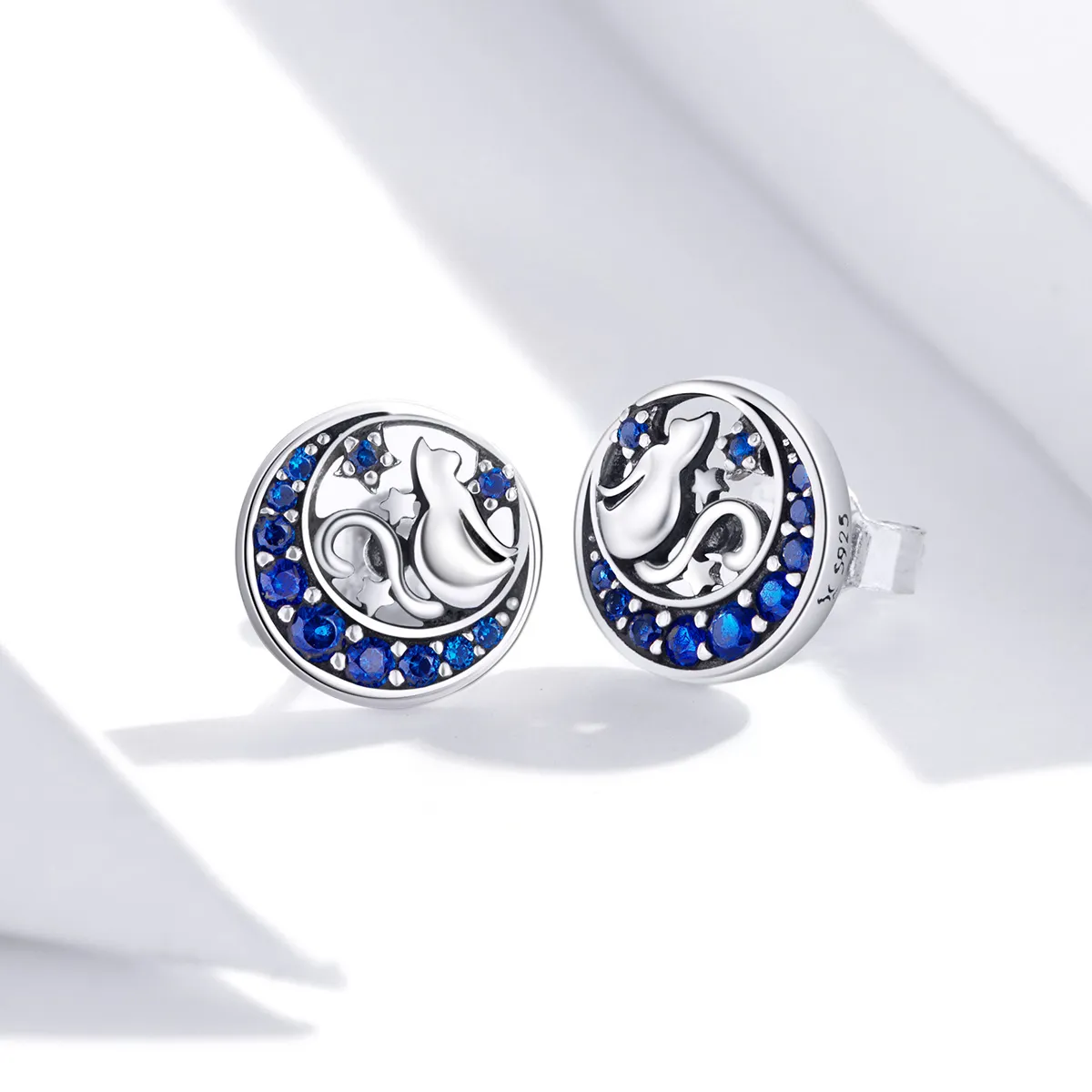 Pandora Style Silver Blue Moon & Kitty Stud Earrings - SCE880