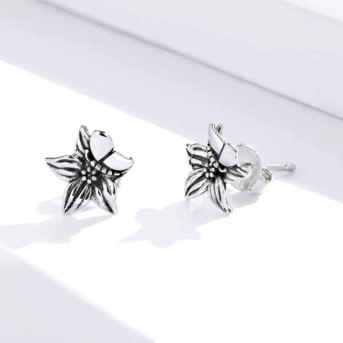 Pandora Style Silver Butterfly Love Flowers Stud Earrings - SCE887