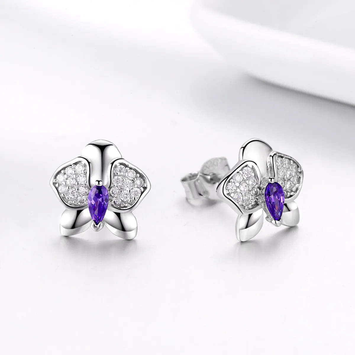 Pandora Style Silver Butterfly Orchid Stud Earrings - BSE036