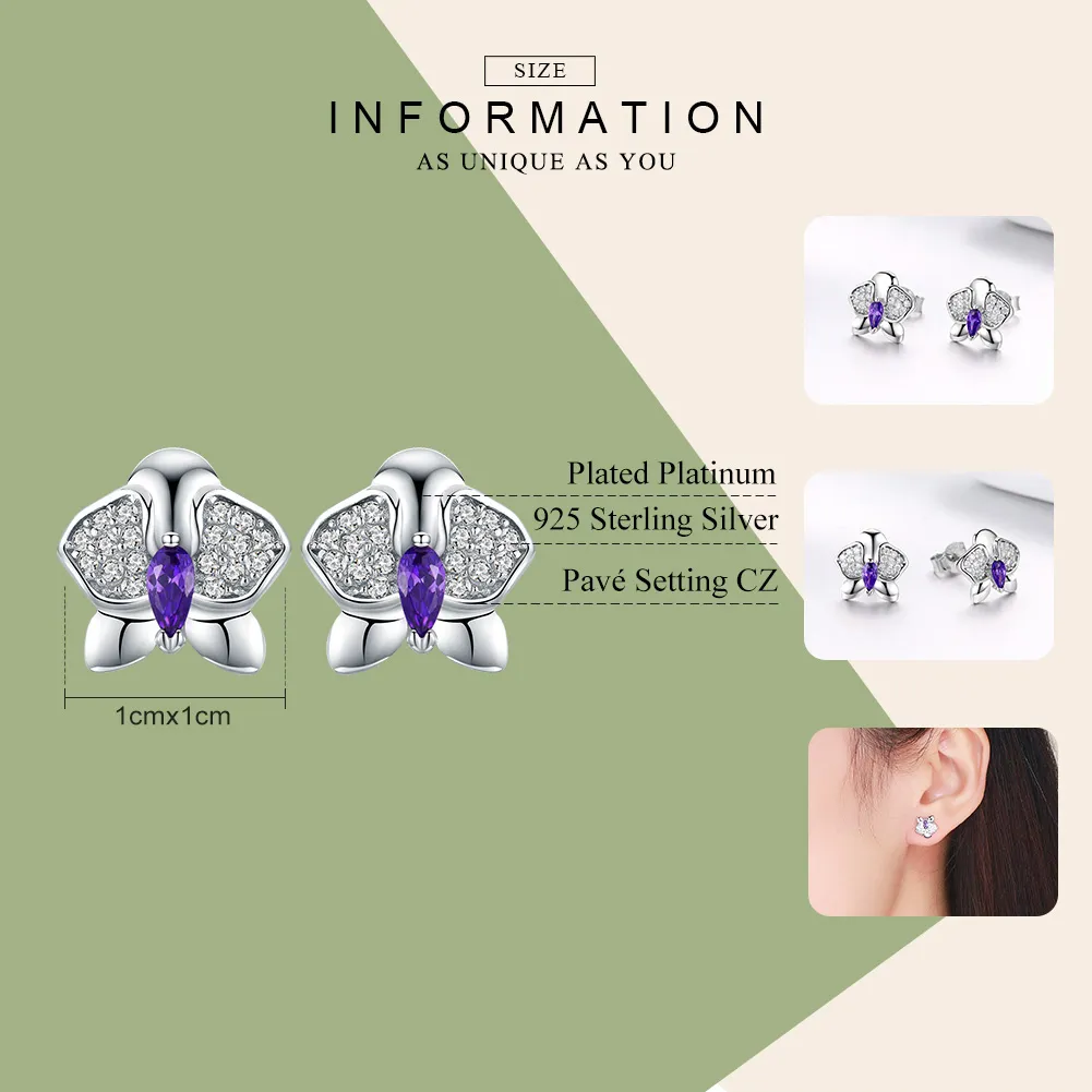 Pandora Style Silver Butterfly Orchid Stud Earrings - BSE036