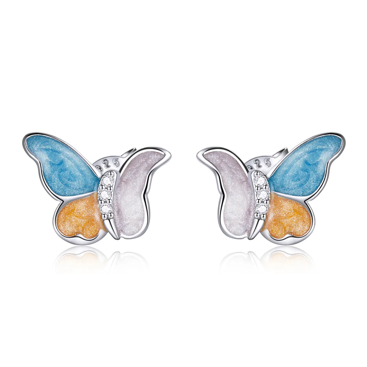 pandora style silver butterfly with three colors stud earrings sce1156