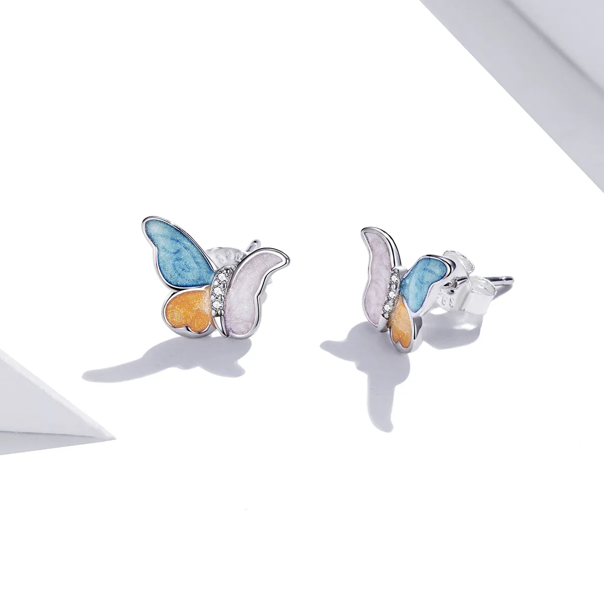 Pandora Style Silver Butterfly With Three Colors Stud Earrings - SCE1156