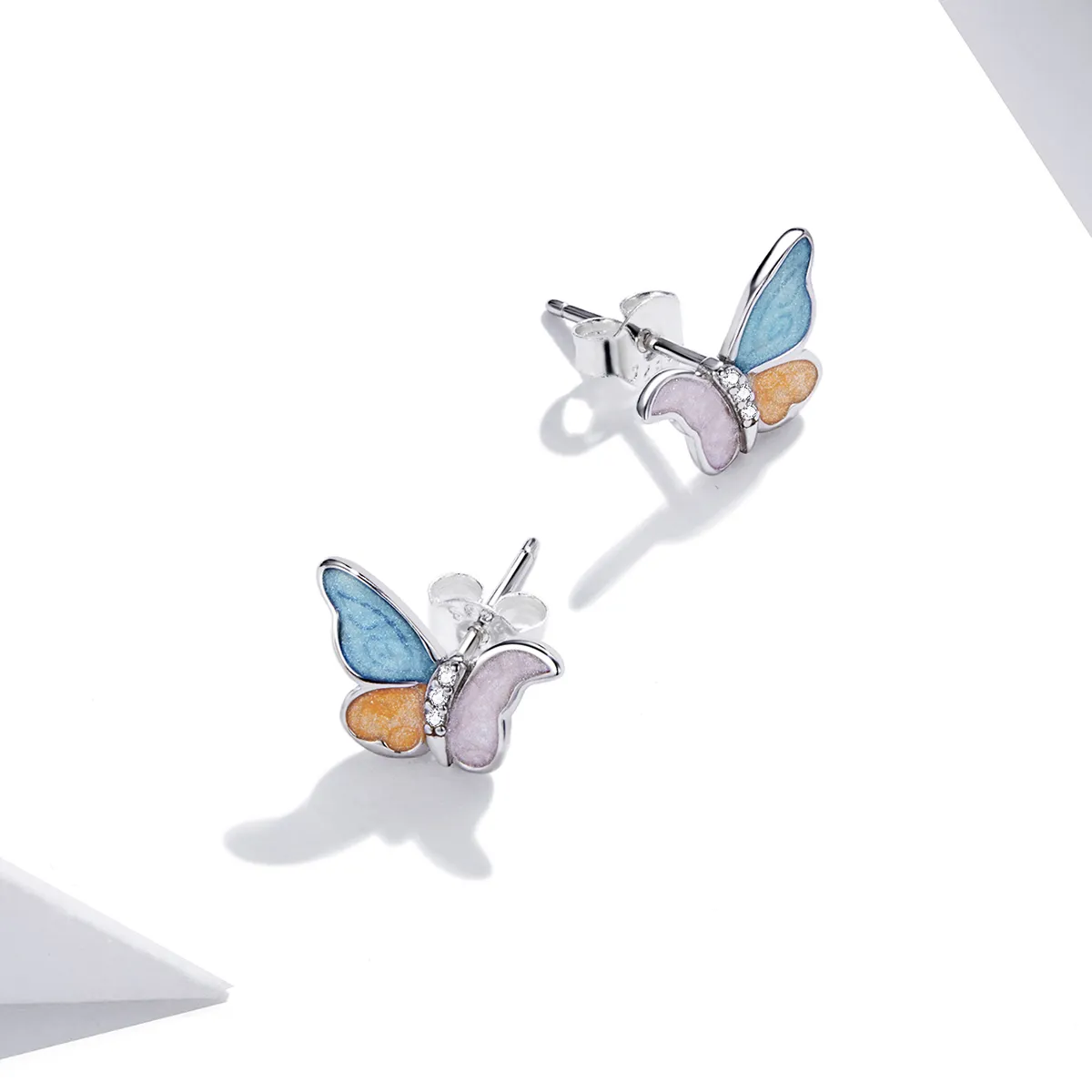 Pandora Style Silver Butterfly With Three Colors Stud Earrings - SCE1156