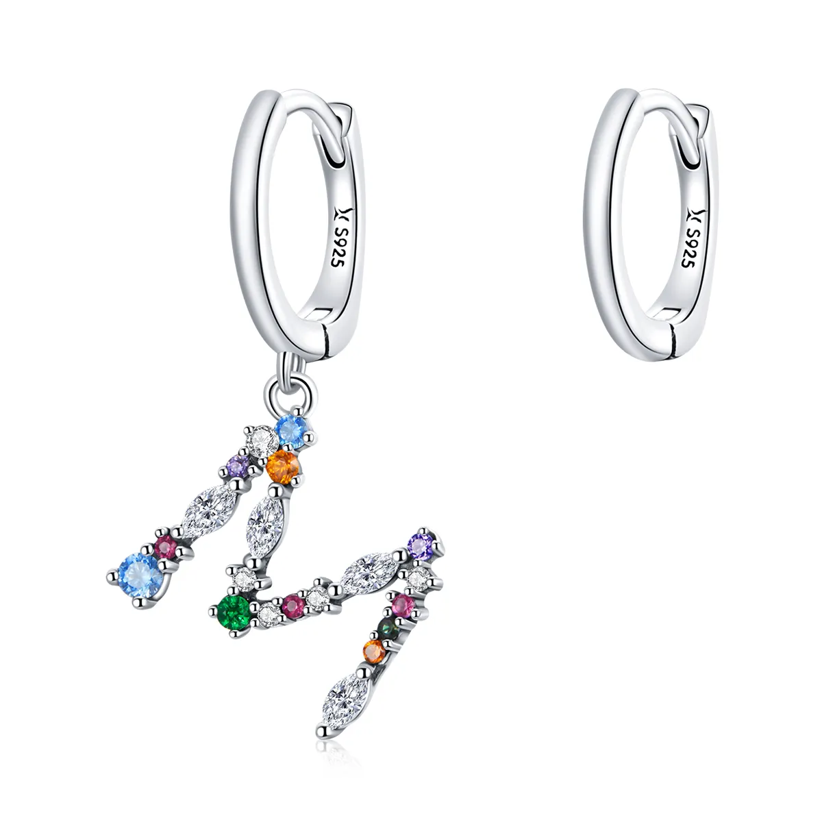 pandora style silver colorful letter m dangle earrings sce1031