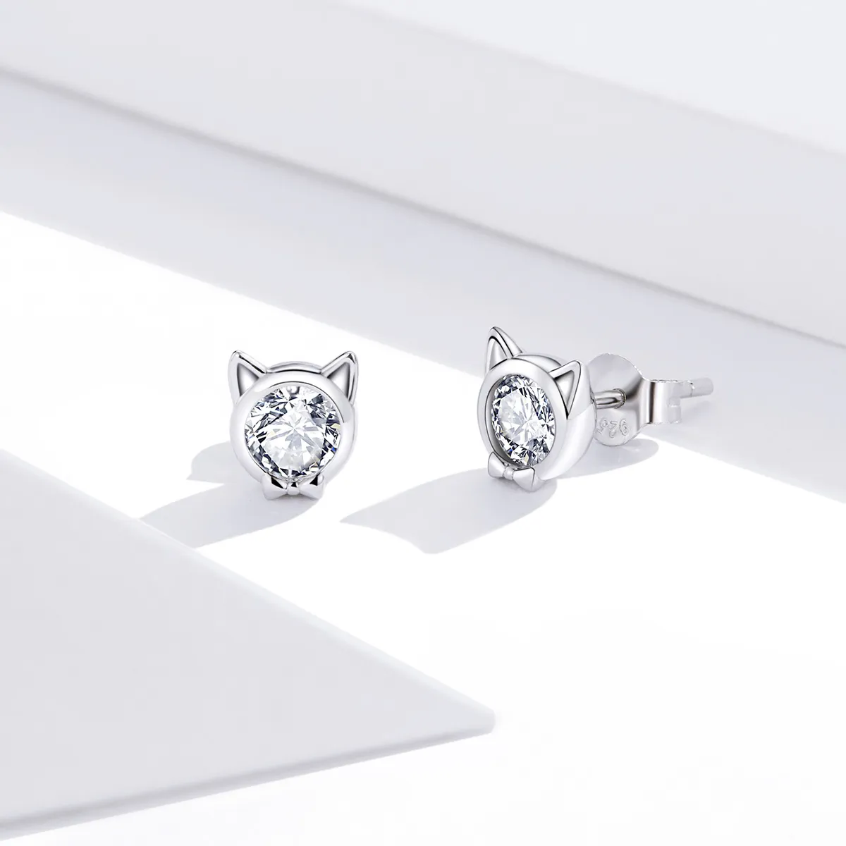 Pandora Style Silver Cute Cat Stud Earrings - SCE899