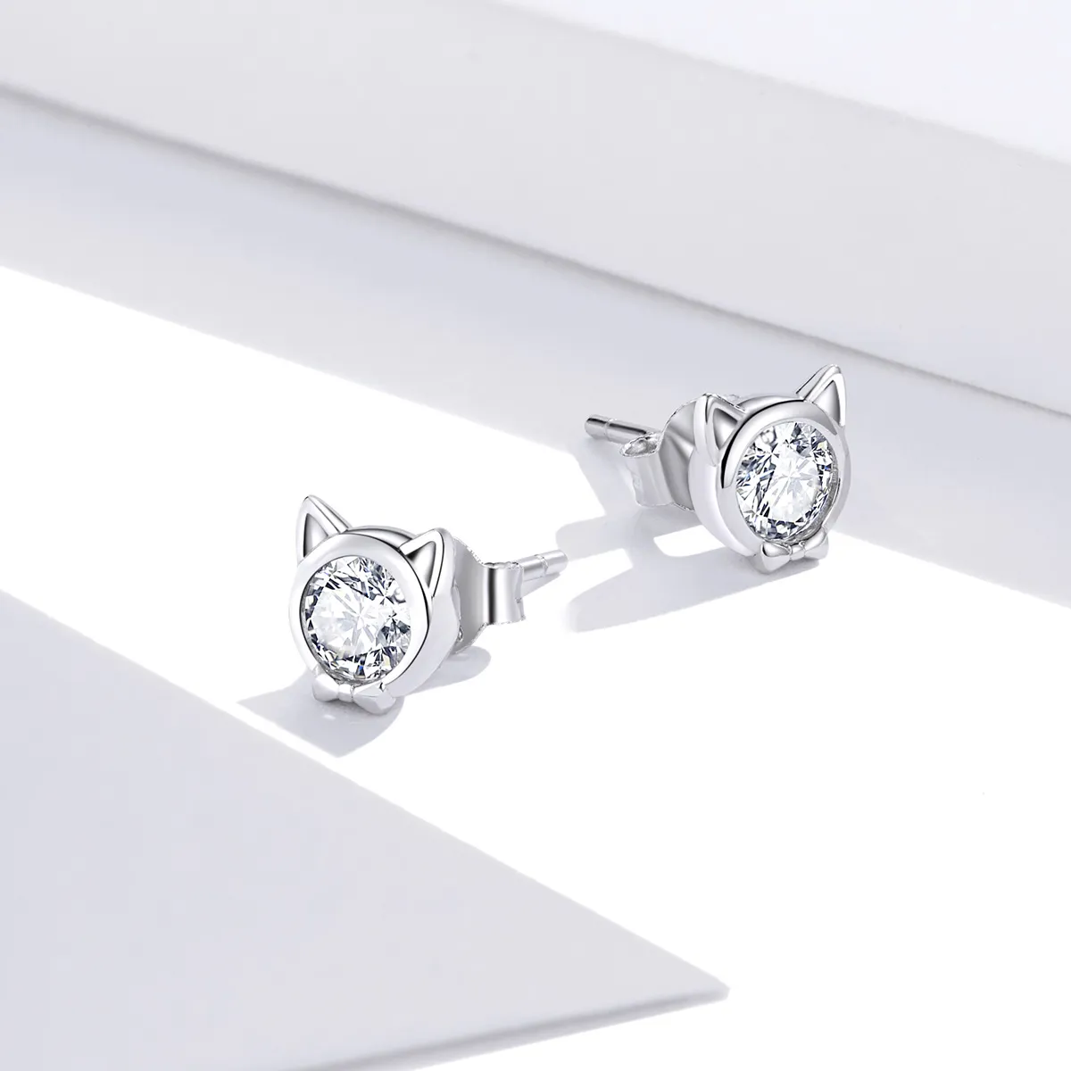 Pandora Style Silver Cute Cat Stud Earrings - SCE899