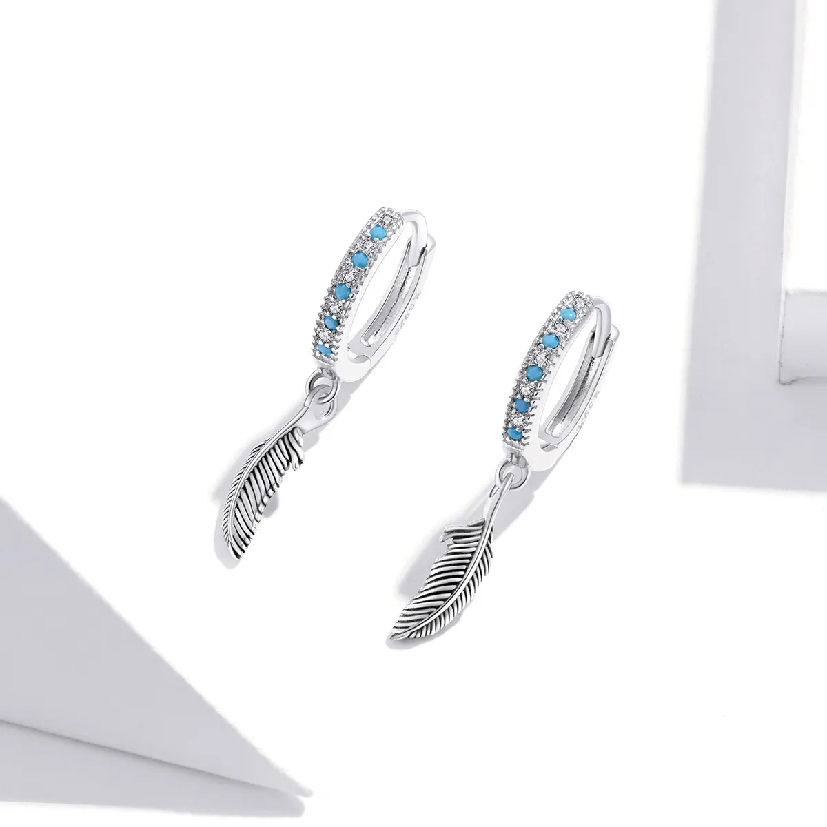 Pandora Style Silver Feather Dangle Earrings - SCE898