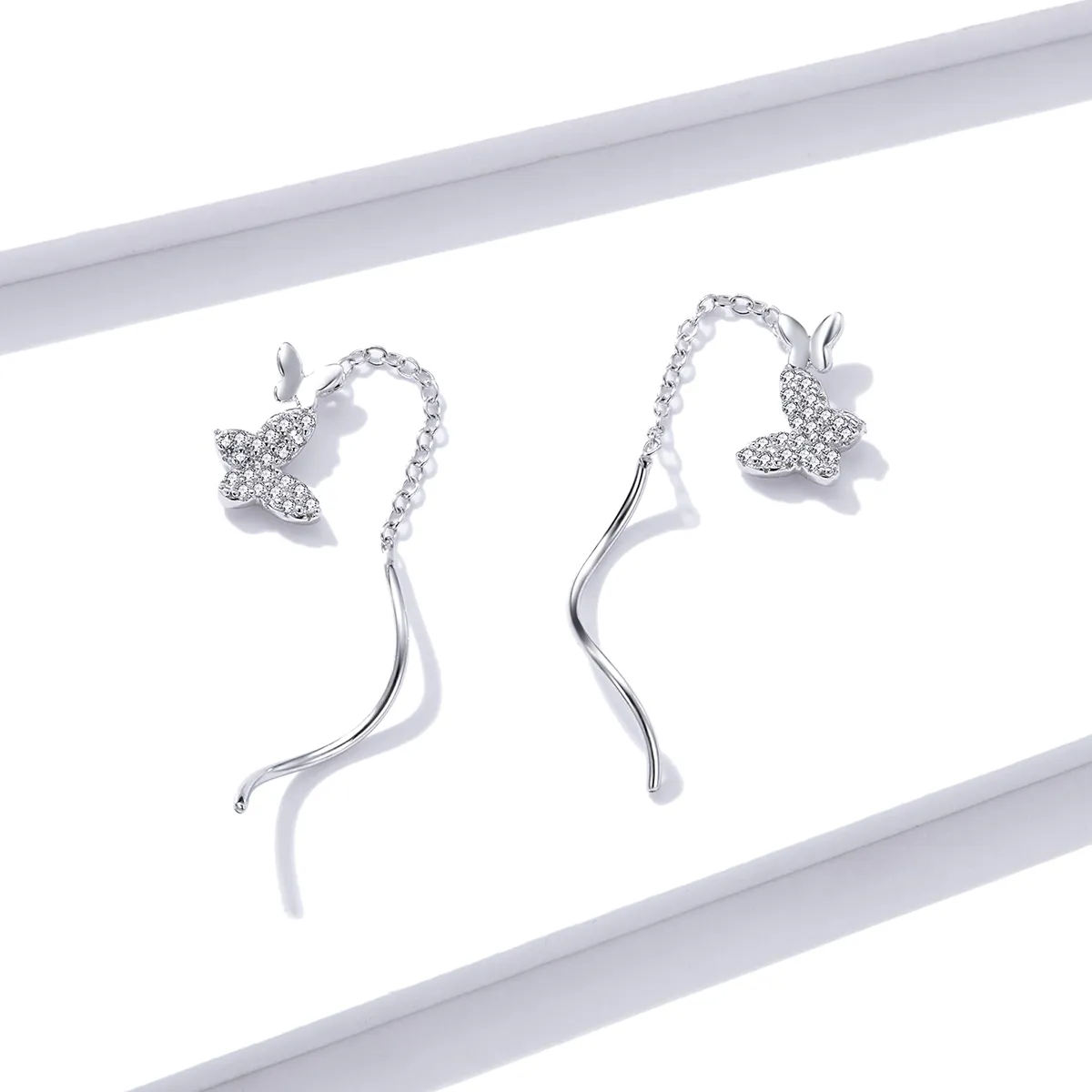 Pandora Style Silver Flying Butterflies Dangle Earrings - BSE436