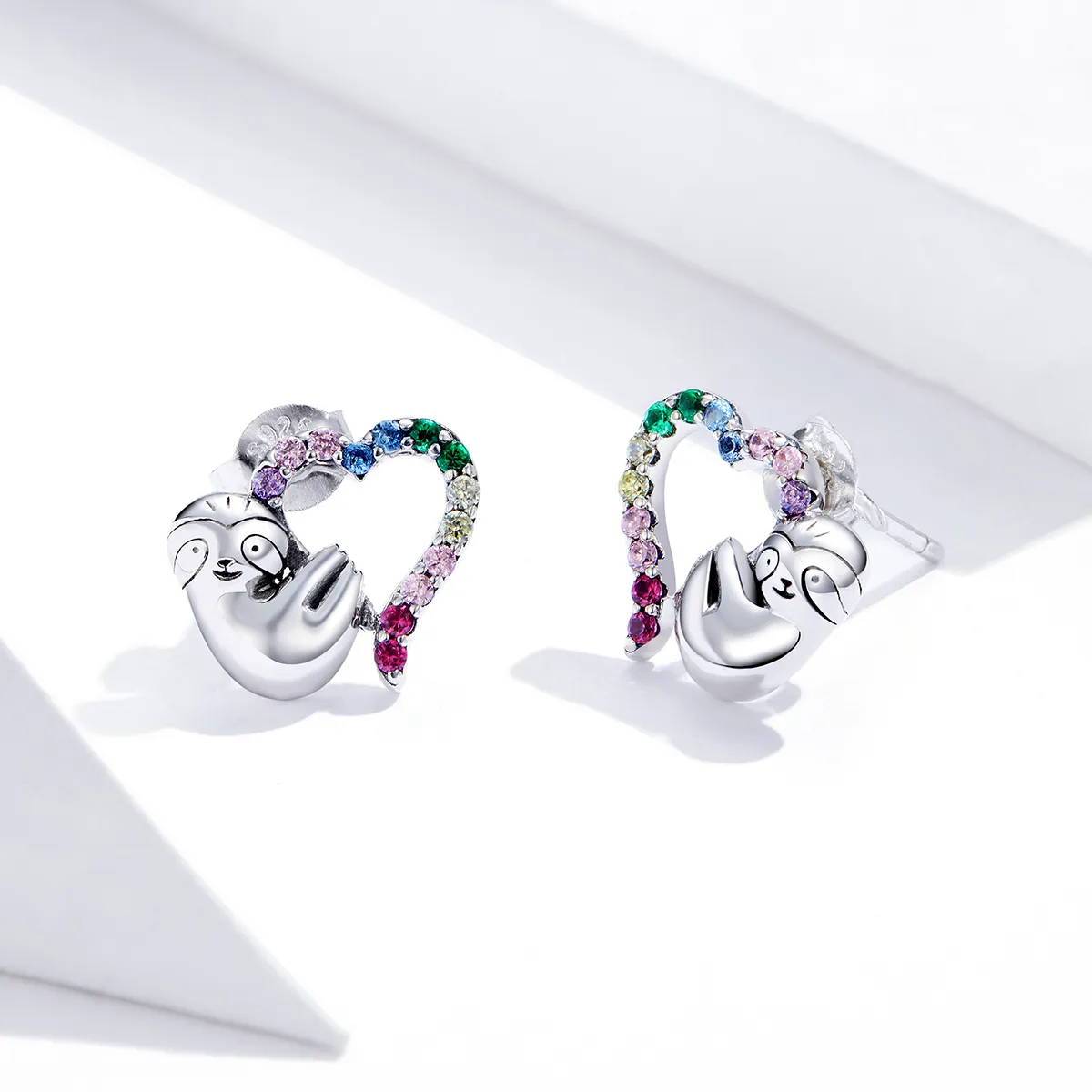 Pandora Style Silver Heart-Shaped Little Sloth Stud Earrings - SCE885