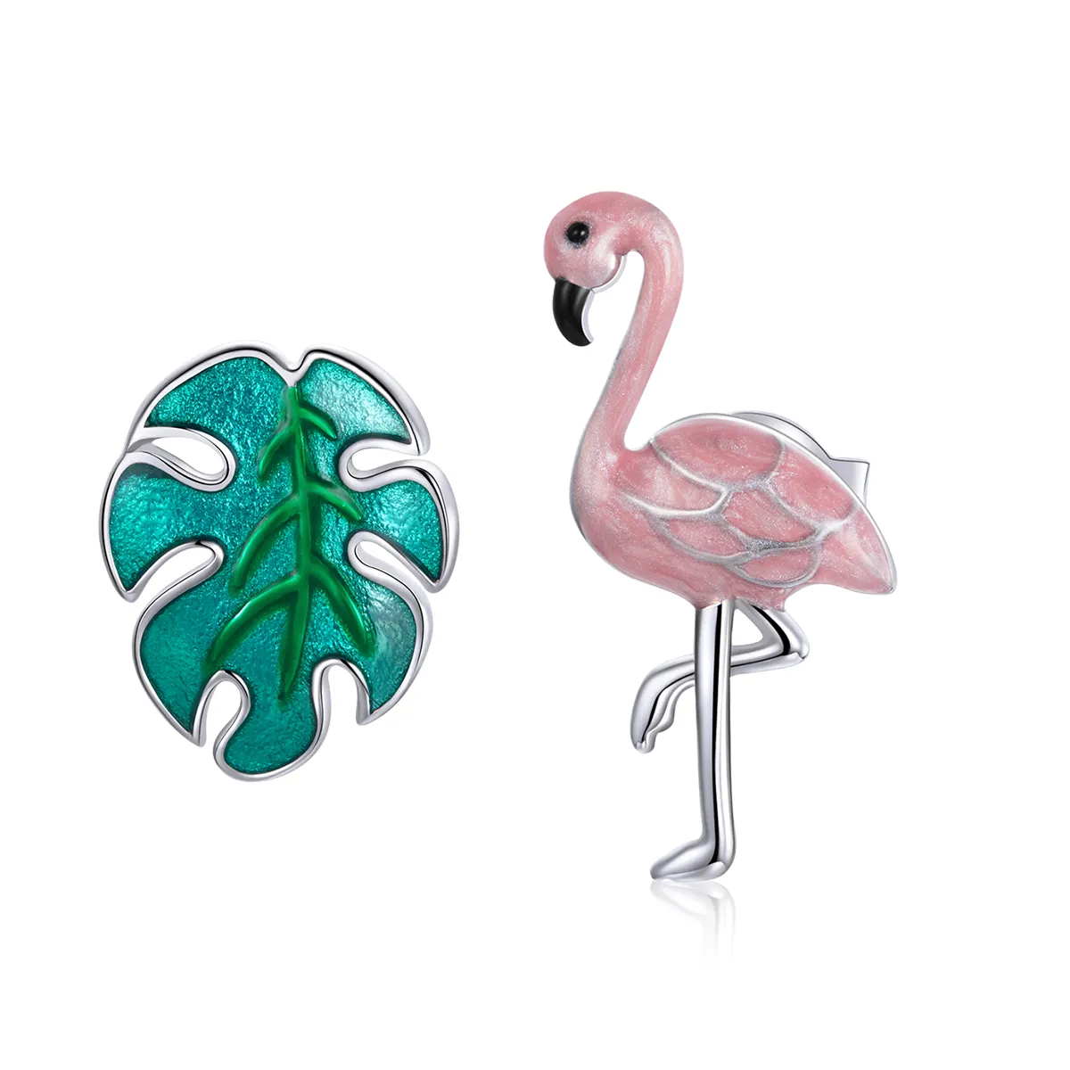 pandora style silver leaf flamingos stud earrings sce1124