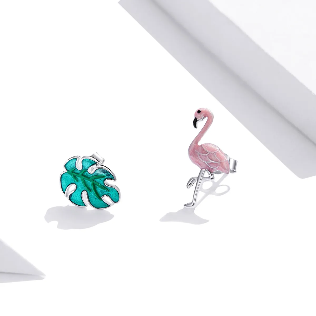 Pandora Style Silver Leaf & Flamingos Stud Earrings - SCE1124