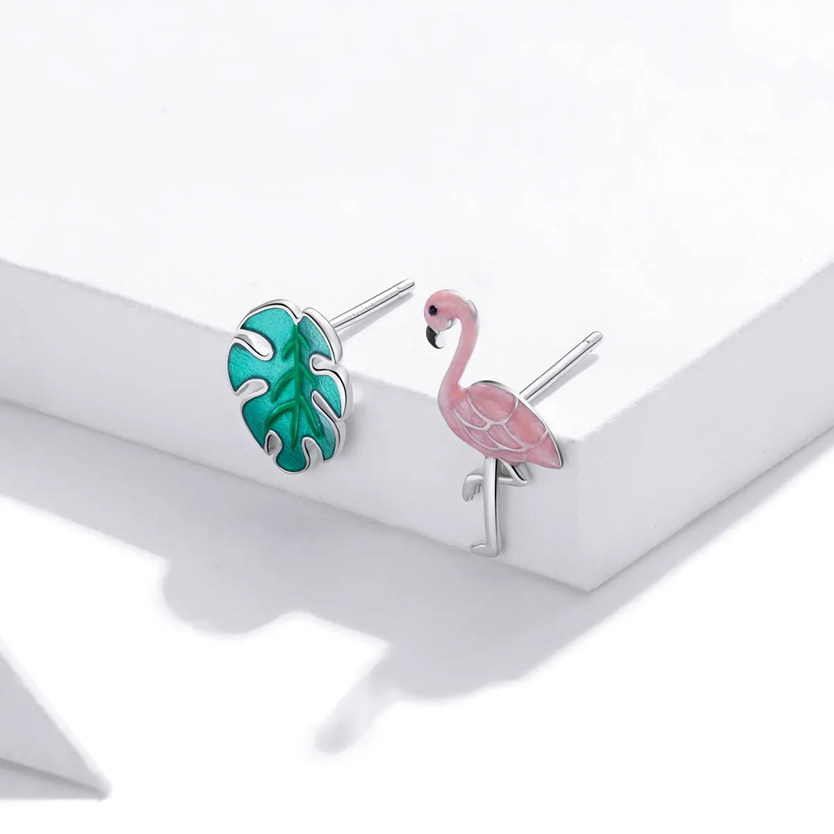 Pandora Style Silver Leaf & Flamingos Stud Earrings - SCE1124