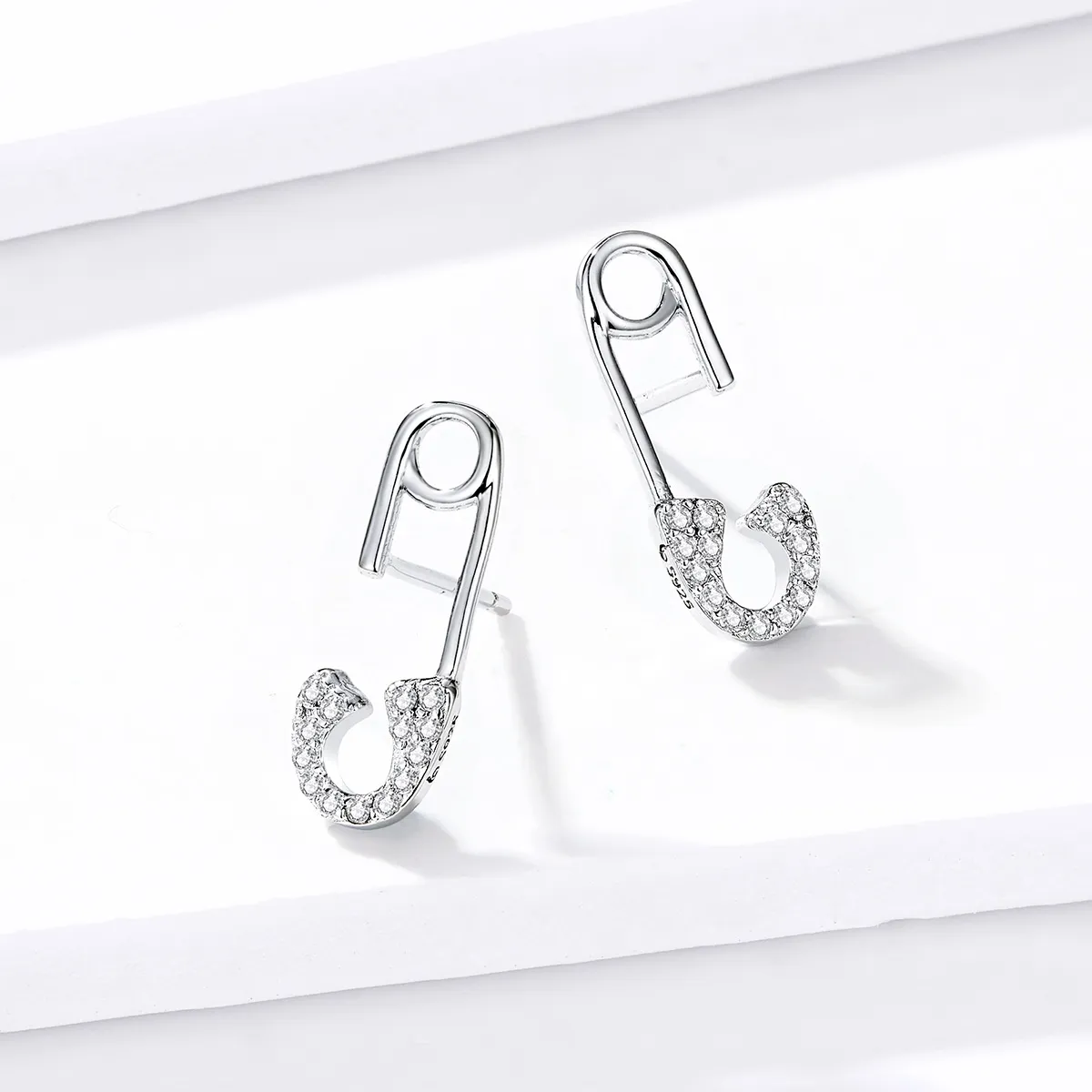 Pandora Style Silver Love safety pin Stud Earrings - BSE284