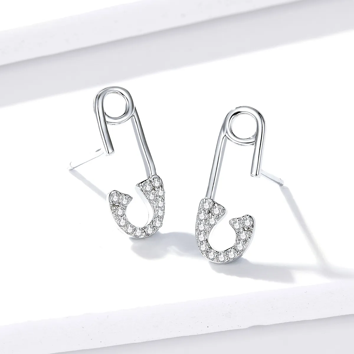 Pandora Style Silver Love safety pin Stud Earrings - BSE284