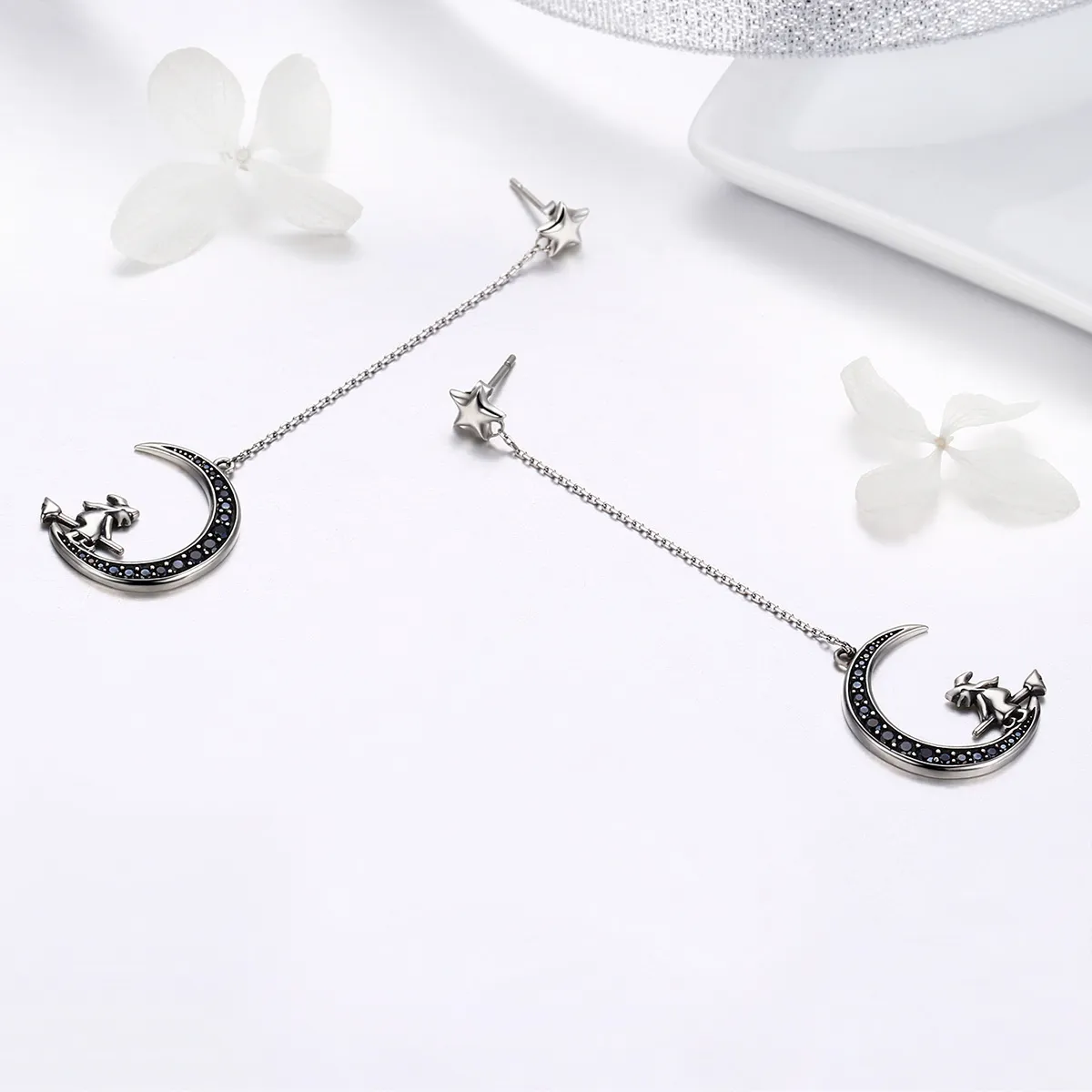 Pandora Style Silver Moon Dangle Earrings - SCE287