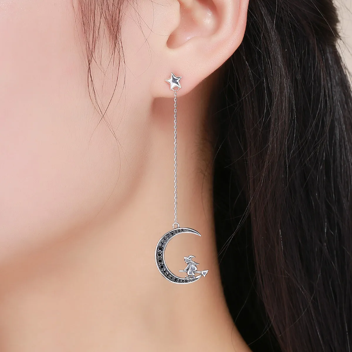 Pandora Style Silver Moon Dangle Earrings - SCE287