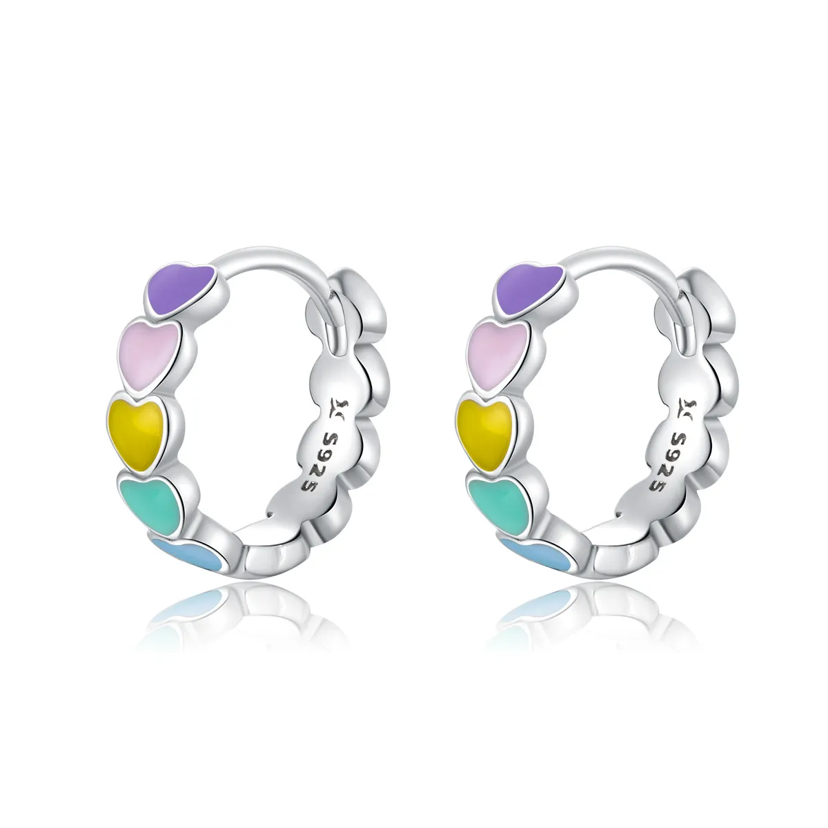 Pandora Style Silver Rainbow Hearts Hoop Earrings - SCE909