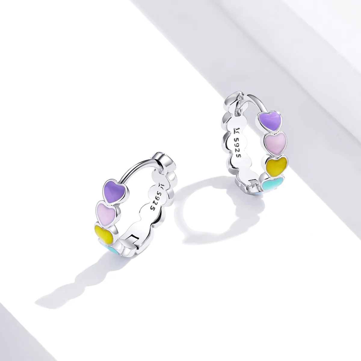 Pandora Style Silver Rainbow Hearts Hoop Earrings - SCE909