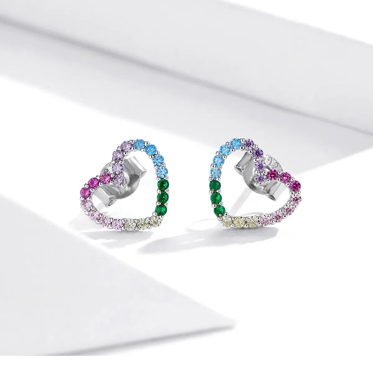 Pandora Style Silver Rainbow Hearts Stud Earrings - SCE891