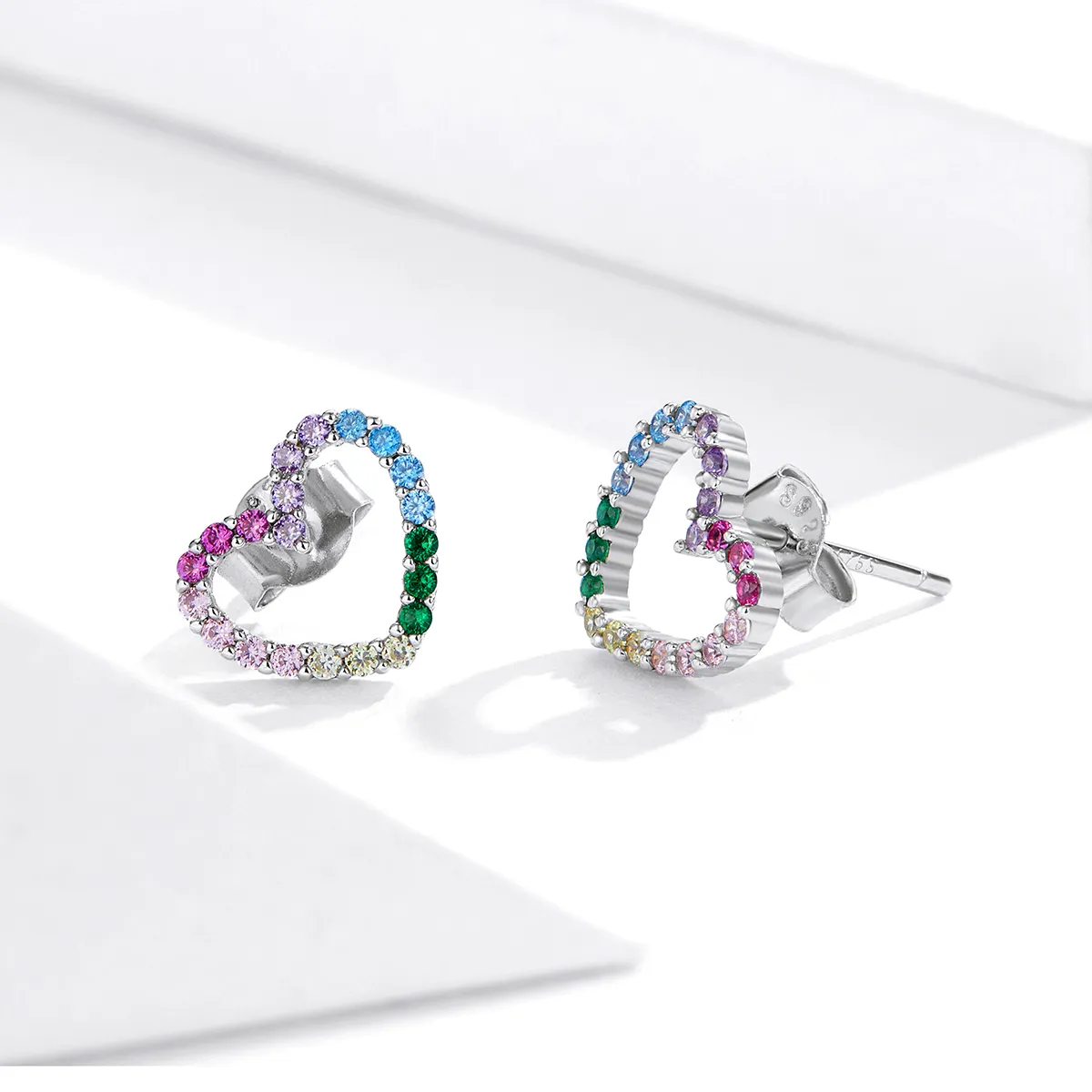 Pandora Style Silver Rainbow Hearts Stud Earrings - SCE891