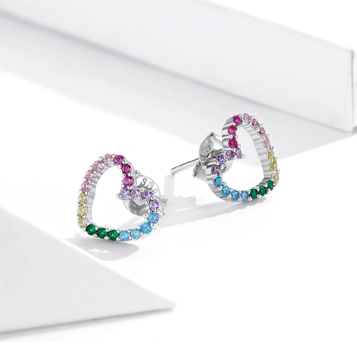 Pandora Style Silver Rainbow Hearts Stud Earrings - SCE891