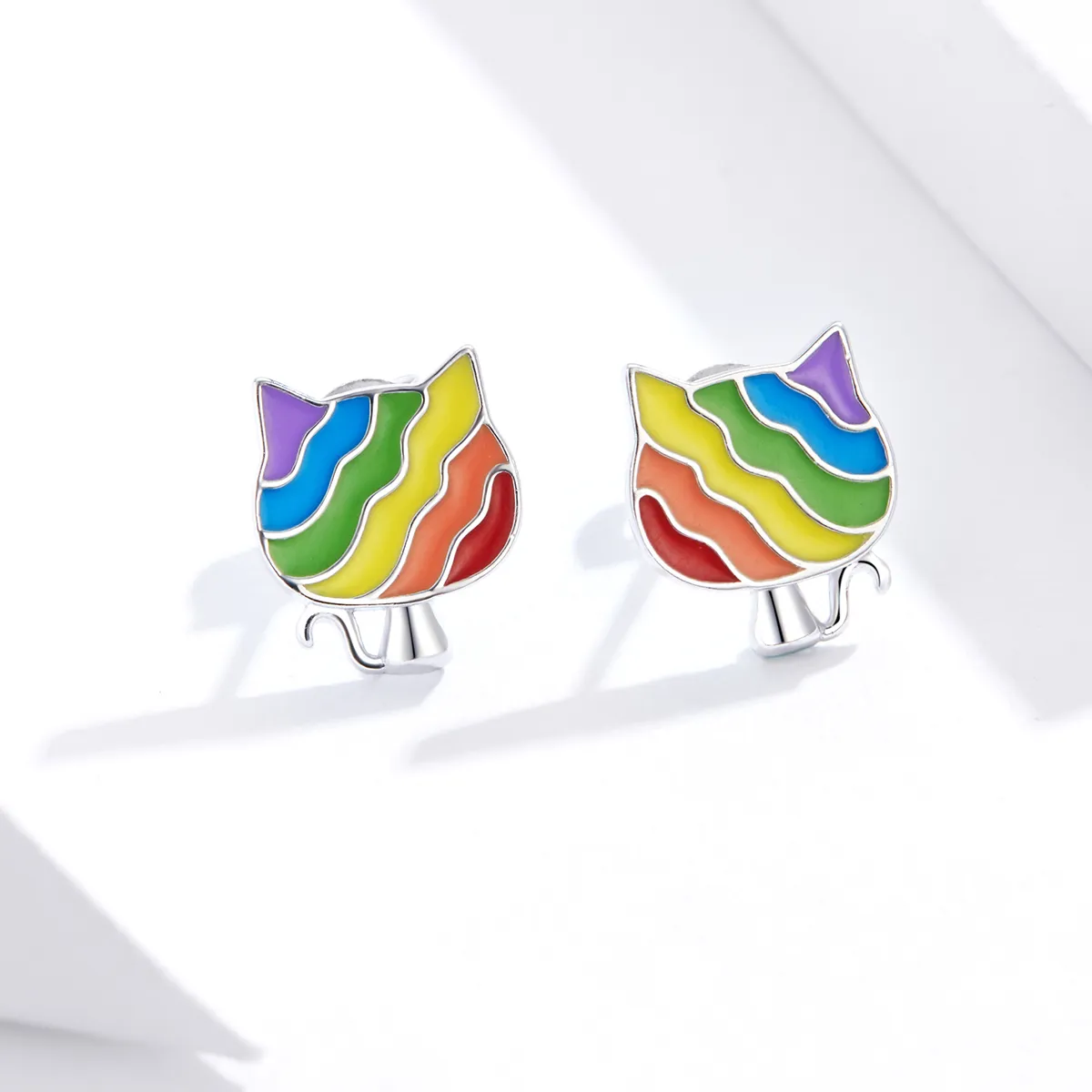 Pandora Style Silver Rainbow Kitty Stud Earrings - SCE823