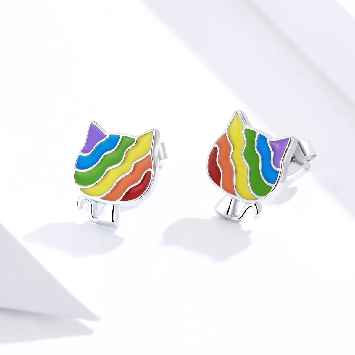 Pandora Style Silver Rainbow Kitty Stud Earrings - SCE823