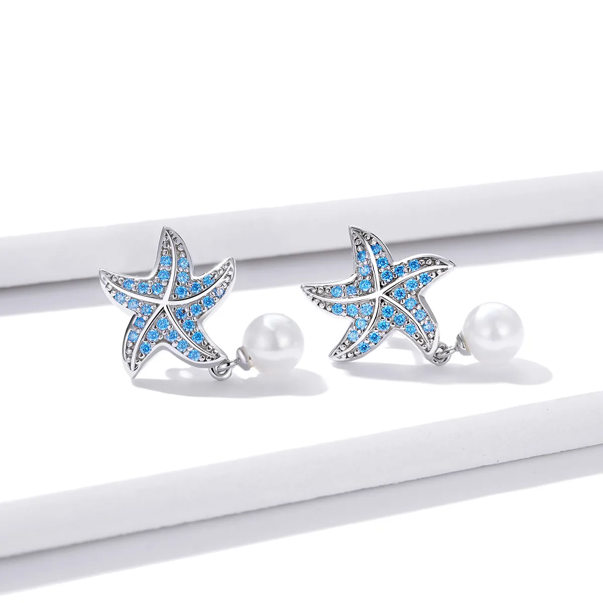 Pandora Style Silver Starfish With Pearls Stud Earrings - BSE405