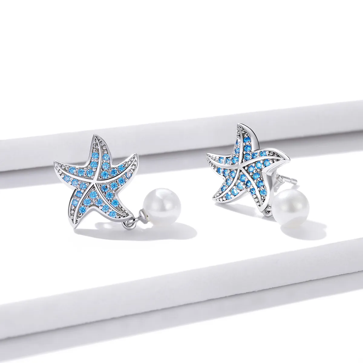 Pandora Style Silver Starfish With Pearls Stud Earrings - BSE405