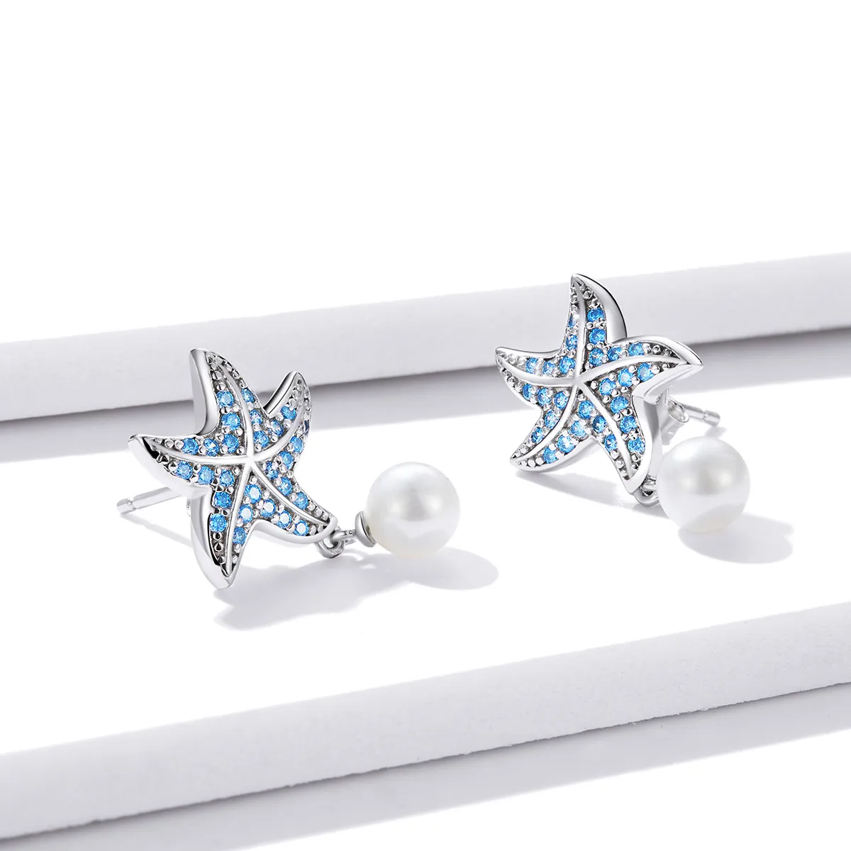 Pandora Style Silver Starfish With Pearls Stud Earrings - BSE405