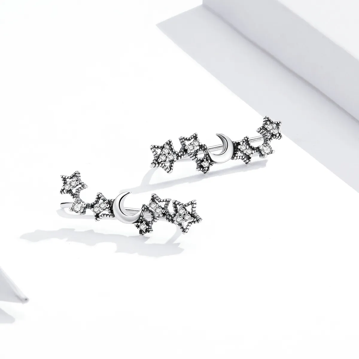 Pandora Style Silver Stars And Moon Stud Earrings - SCE926