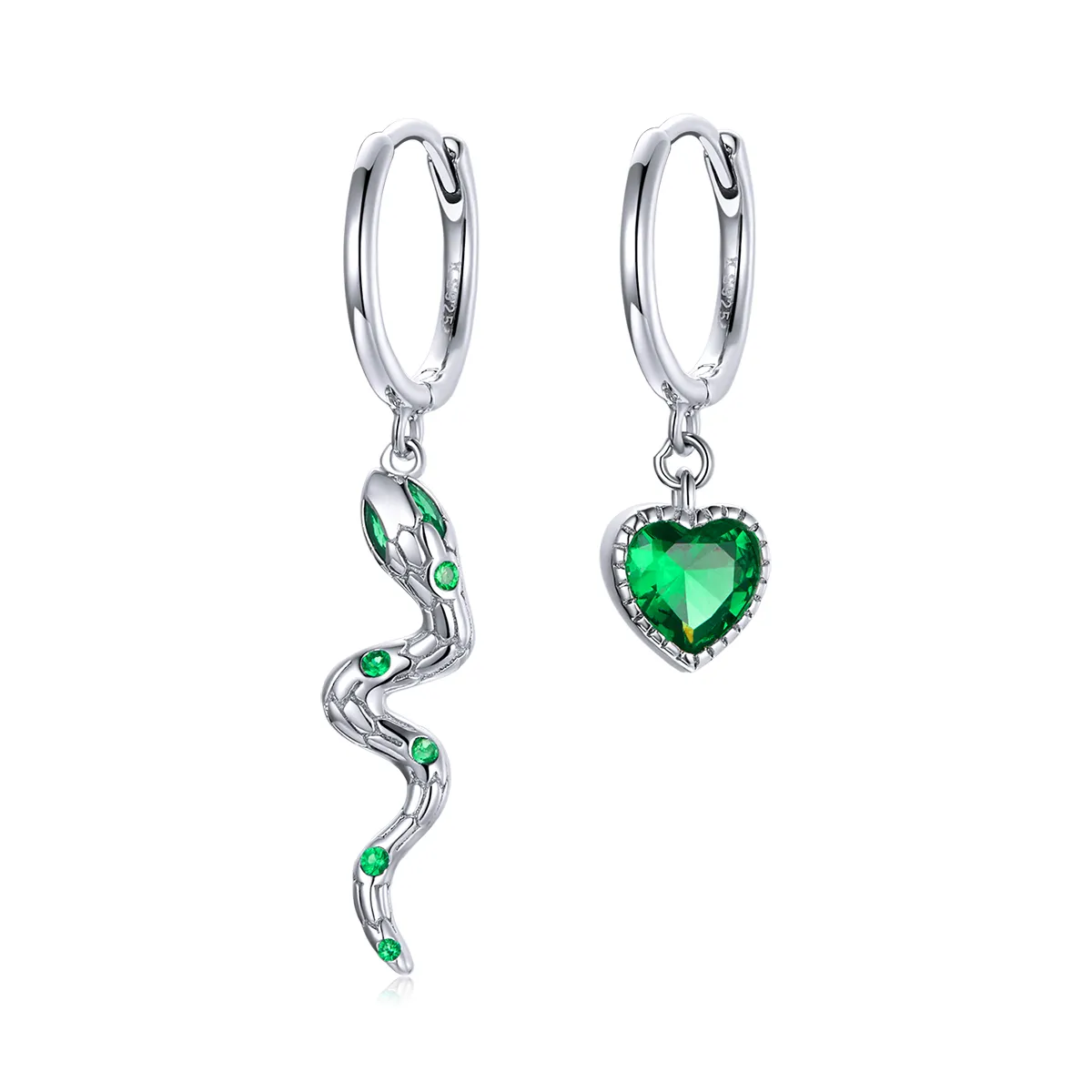 pandora style silver the love of the snake green heart dangle earrings sce1006