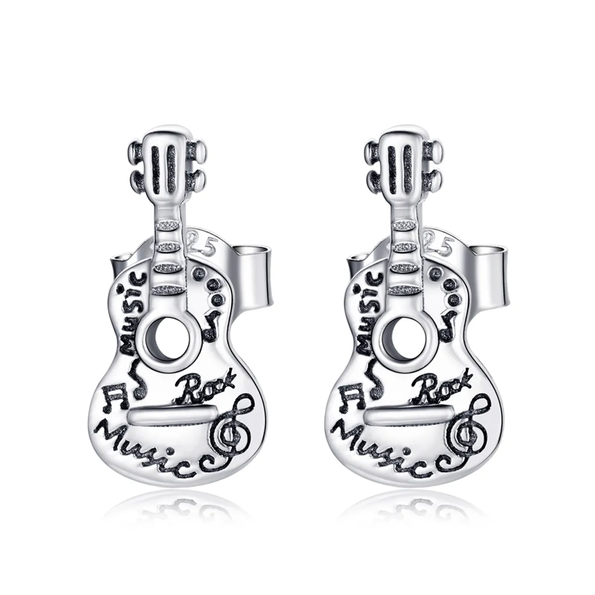 Pandora Style Silver Vintage Guitar Stud Earrings - SCE1155