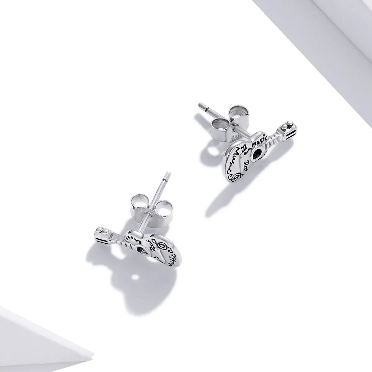 Pandora Style Silver Vintage Guitar Stud Earrings - SCE1155