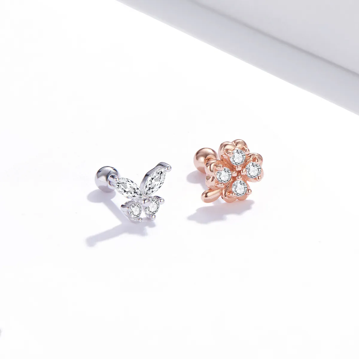 Pandora Style Two Tone Bicolor Lucky Grass And Butterflies Stud Earrings - SCE1008