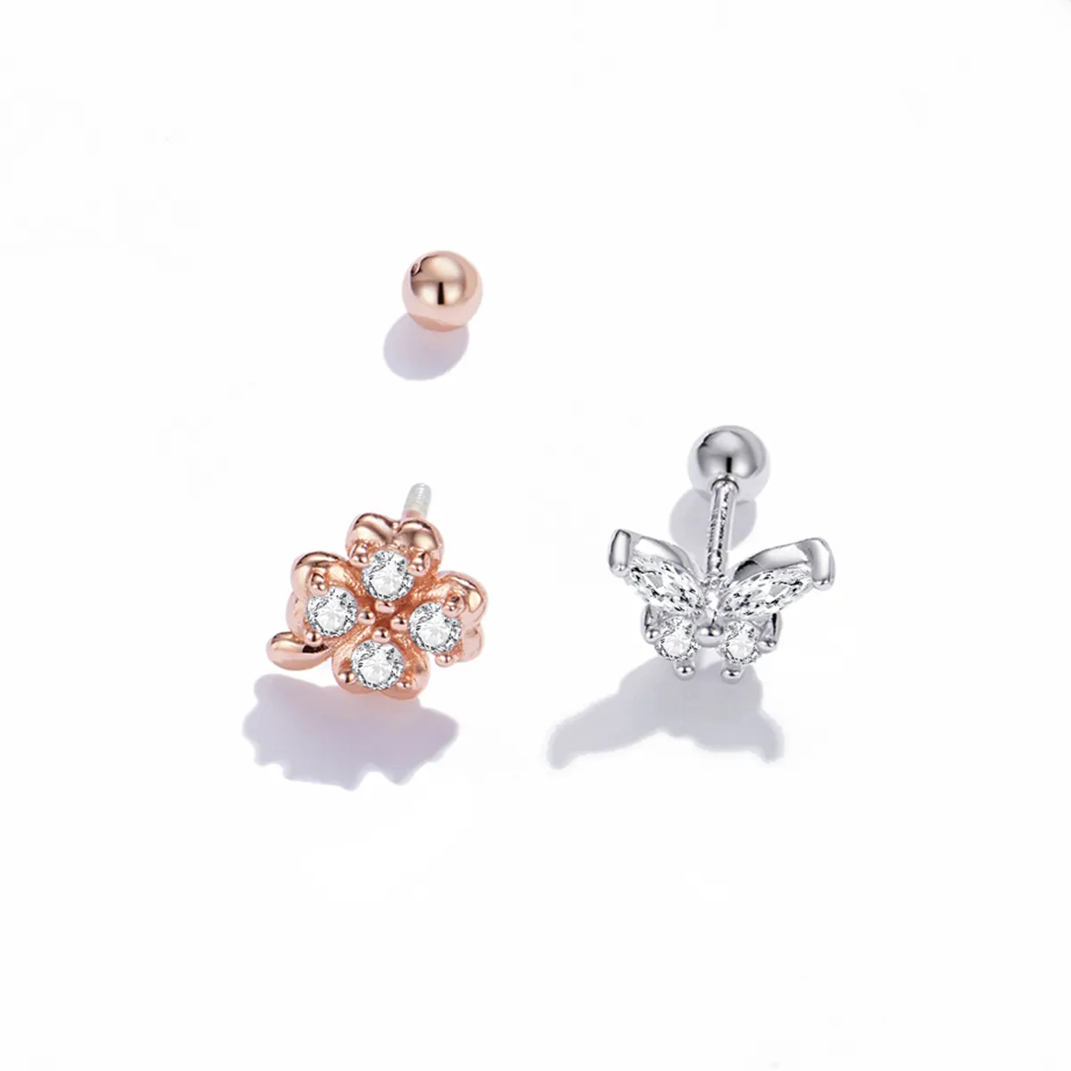 Pandora Style Two Tone Bicolor Lucky Grass And Butterflies Stud Earrings - SCE1008