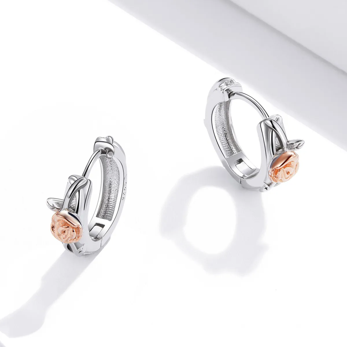 Pandora Style Two Tone Bicolor Rose Vine Hoop Earrings - SCE971