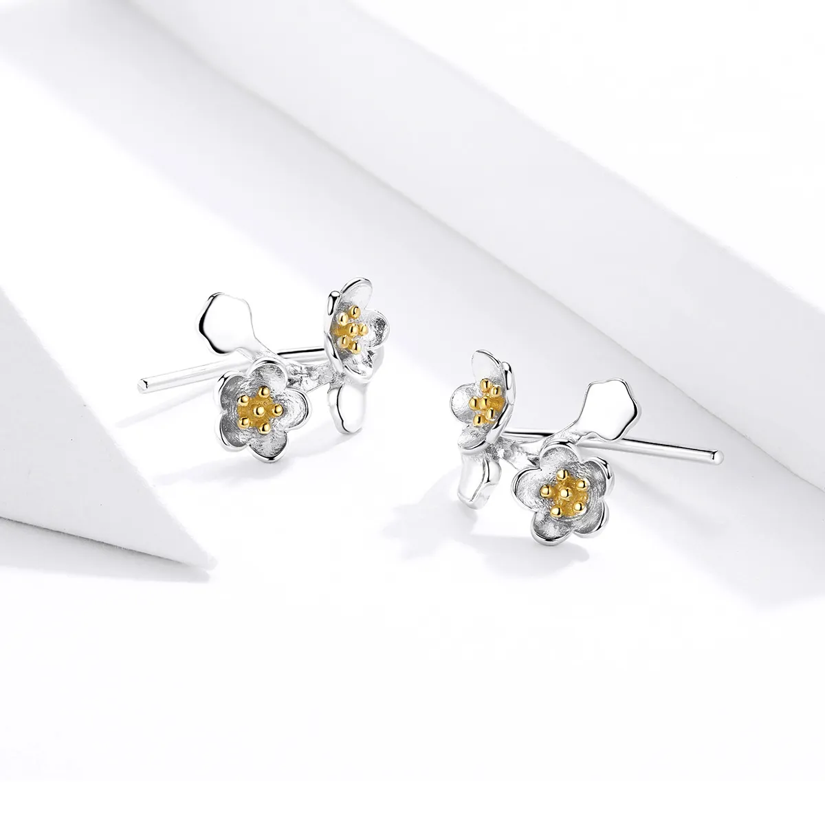 Pandora Style Two Tone Bicolor Sakura Stud Earrings - SCE778