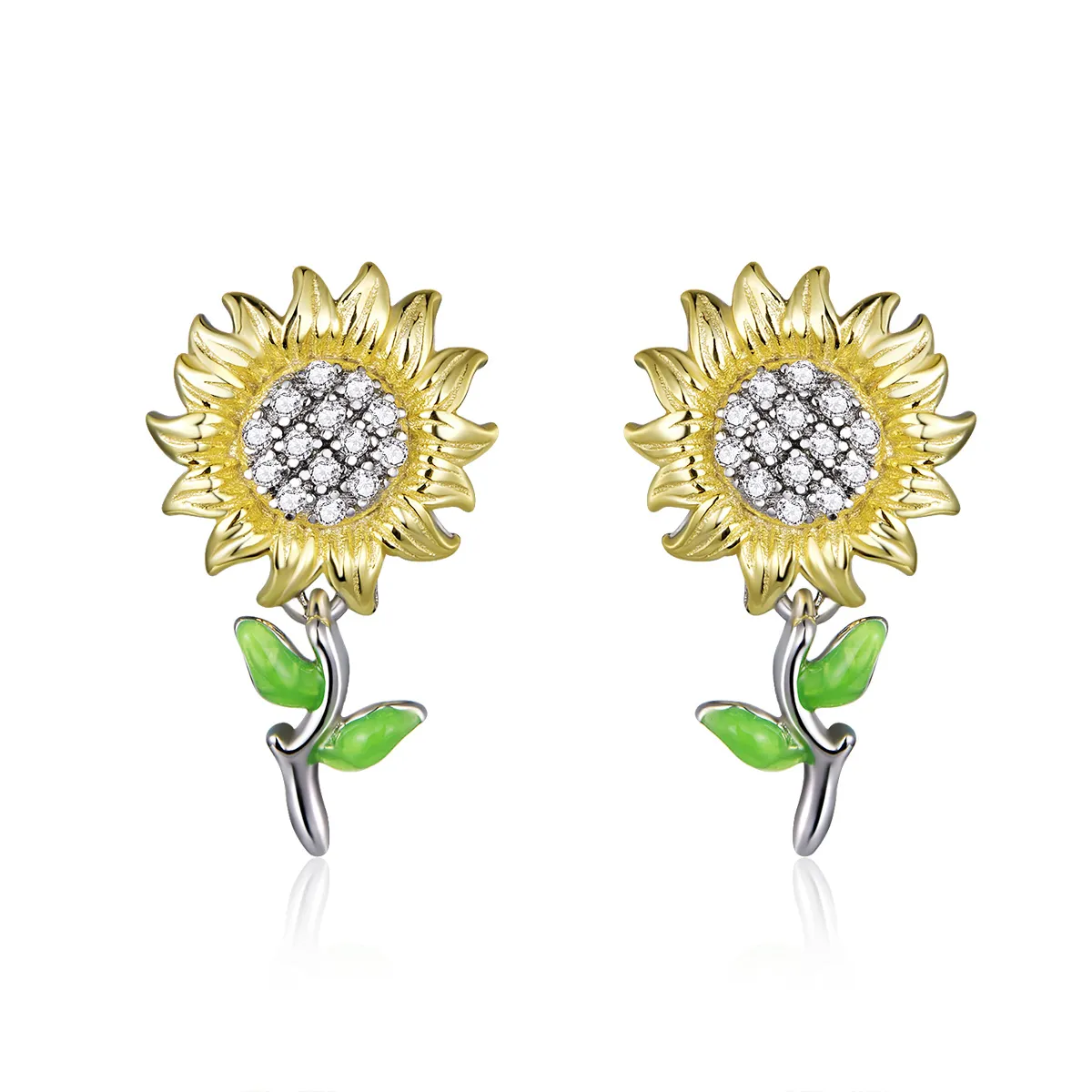 Pandora Style Two Tone Bicolor Sunflower Stud Earrings - SCE919