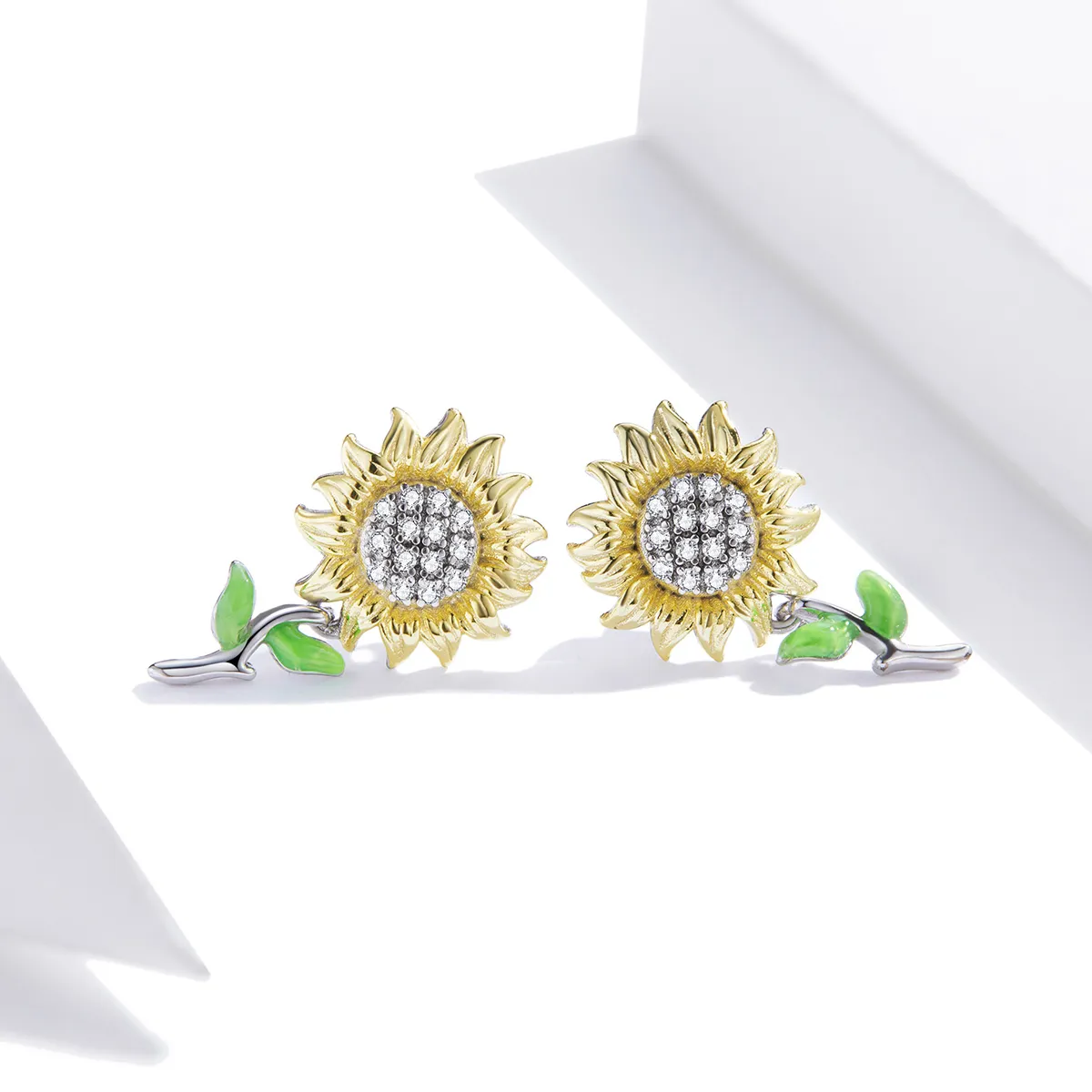 Pandora Style Two Tone Bicolor Sunflower Stud Earrings - SCE919