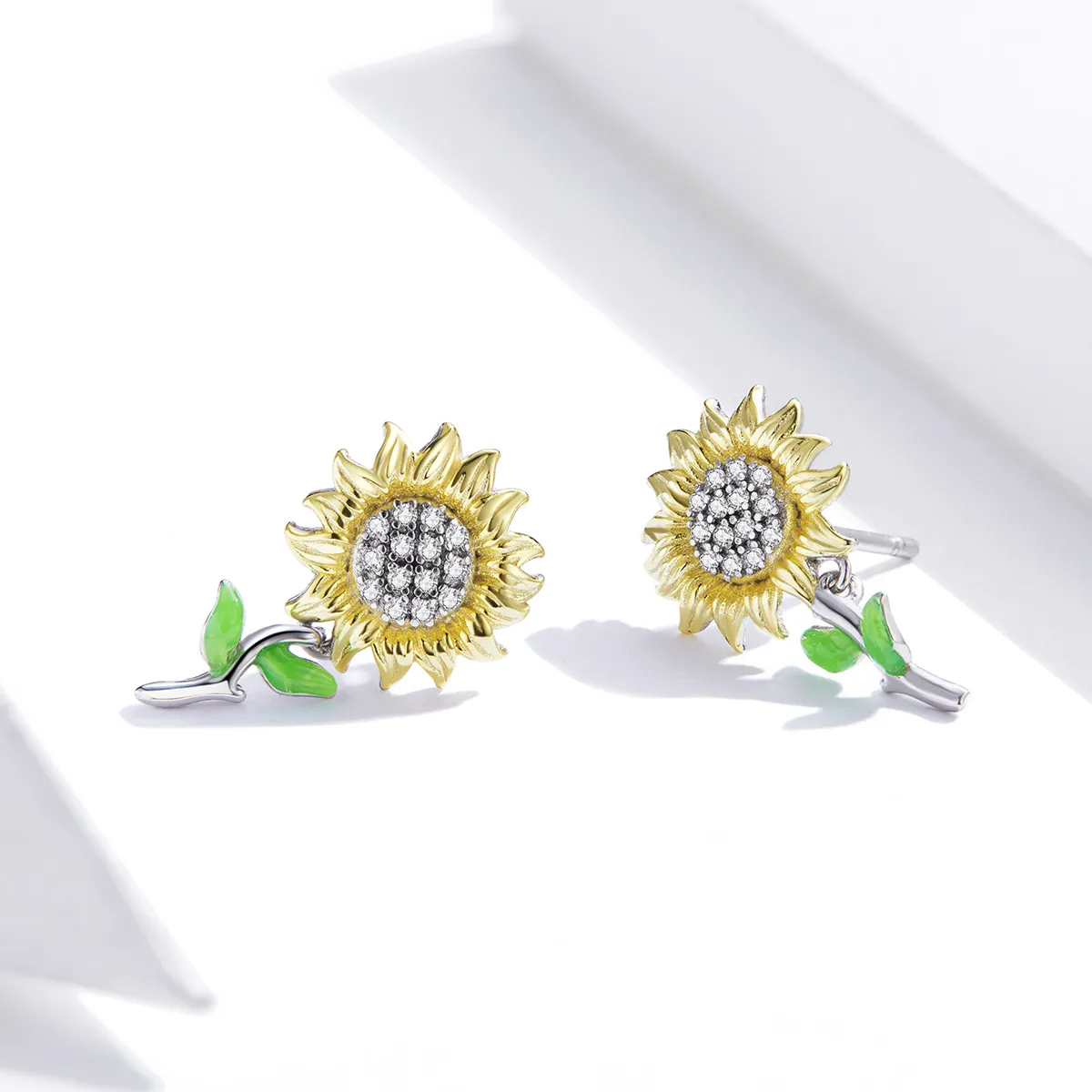 Pandora Style Two Tone Bicolor Sunflower Stud Earrings - SCE919